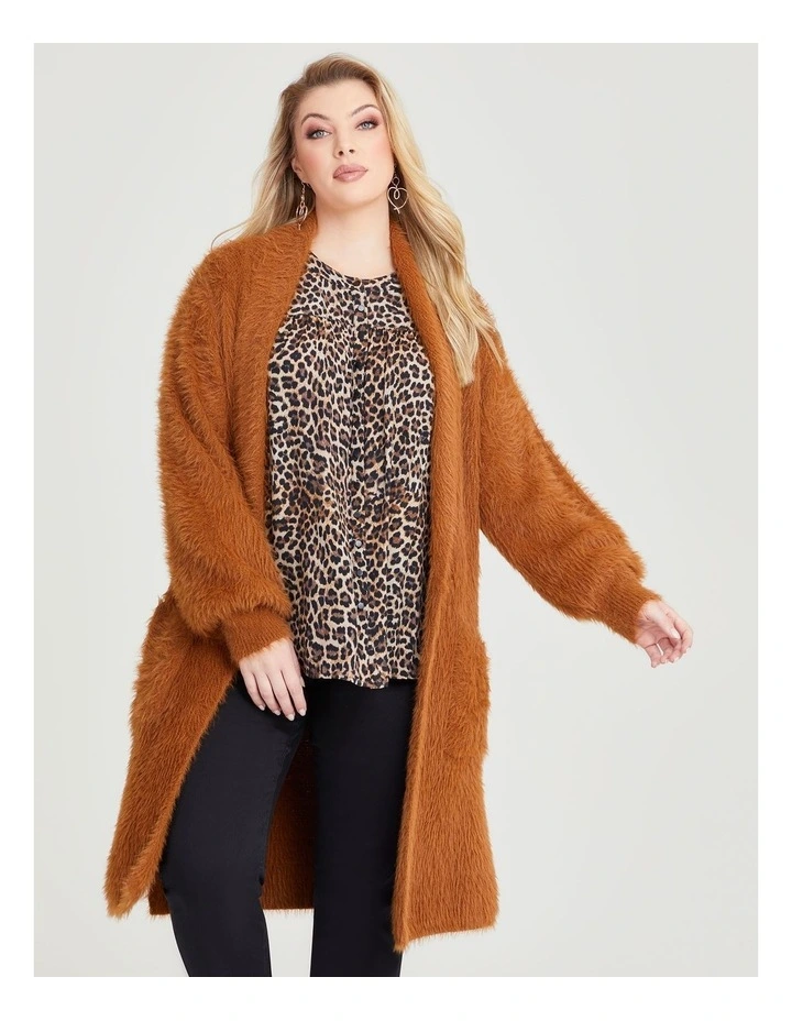 Fluffy Knit Cozy Cardigan in Caramel
