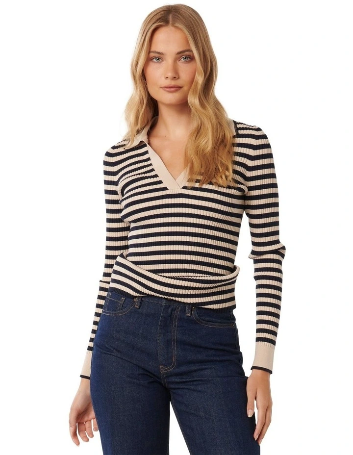 Raven Striped Polo Neck Jumper in Black