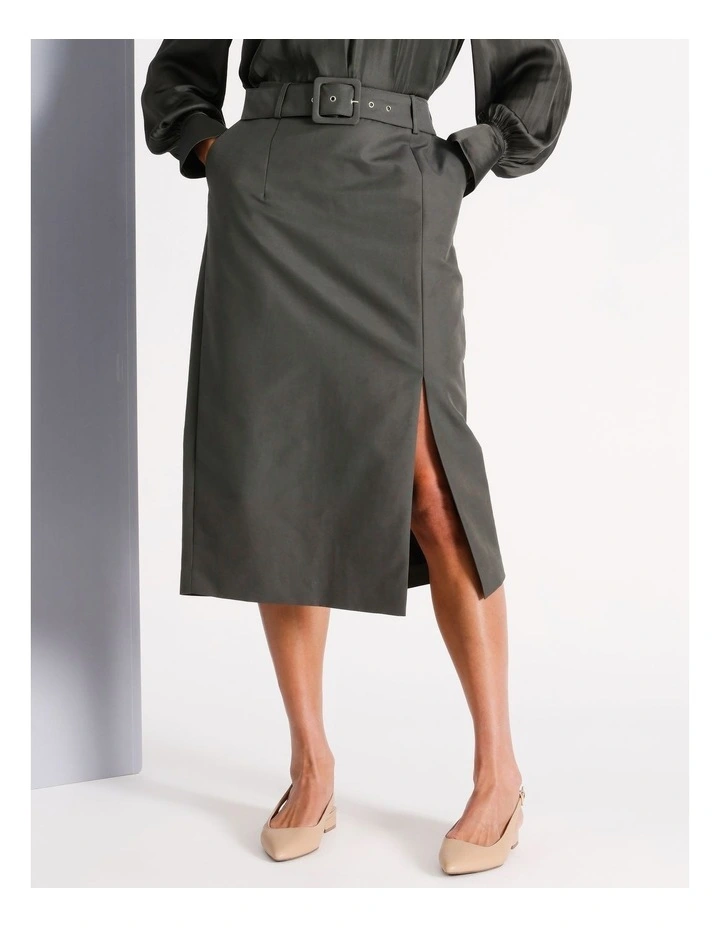 Organic Cotton Blend Belted Midi Pencil Skirt in Khaki