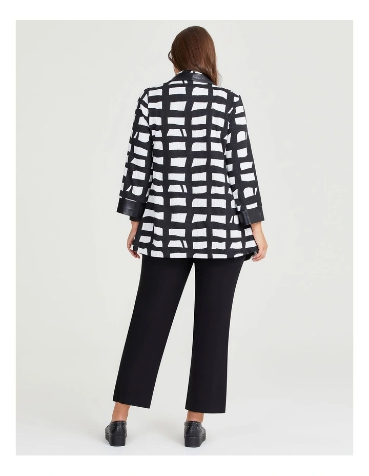 Faux Leather Trim Cube Knit Jacket in Black/White