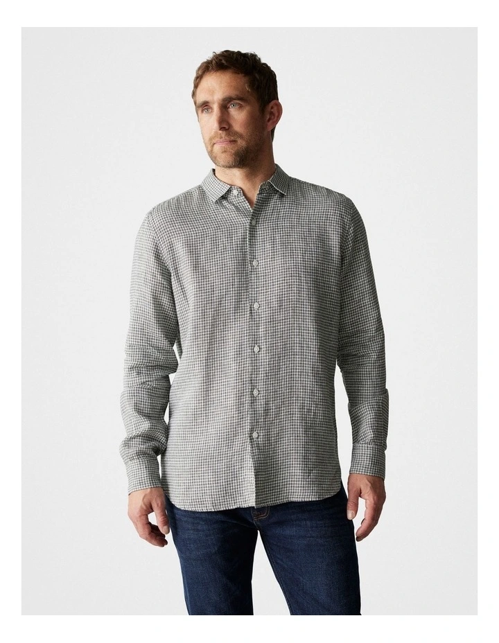 Tailored Fit Linen Mini Grid Check Shirt in Dark Green