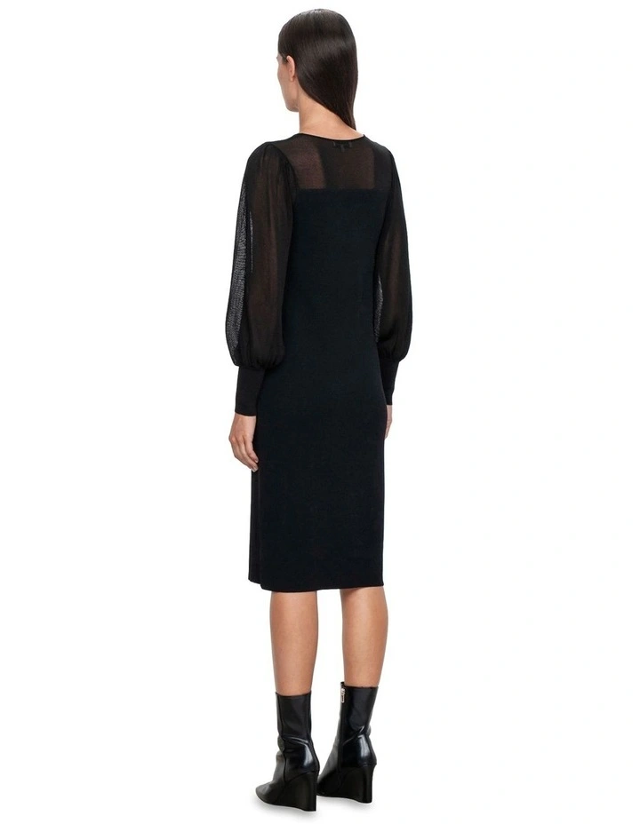 Sheer Blouson Sleeve Knit Dress in Black