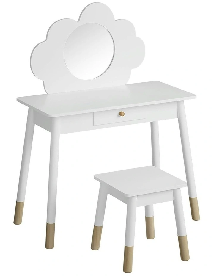 Kids Dressing Table Chair Set Vanity Makeup Wooden Leg Mirror Drawer