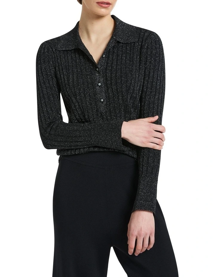 Shellee Long Sleeve Knit Polo in Black