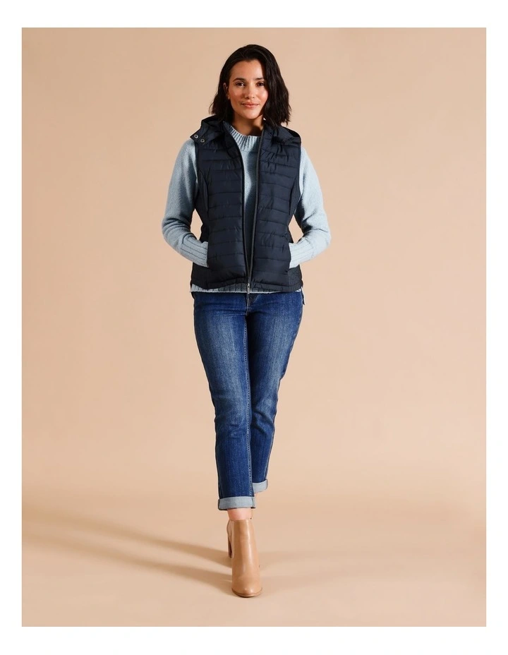 Recycled Polyester Straight Quilted Vest With Removable Hood in Navy