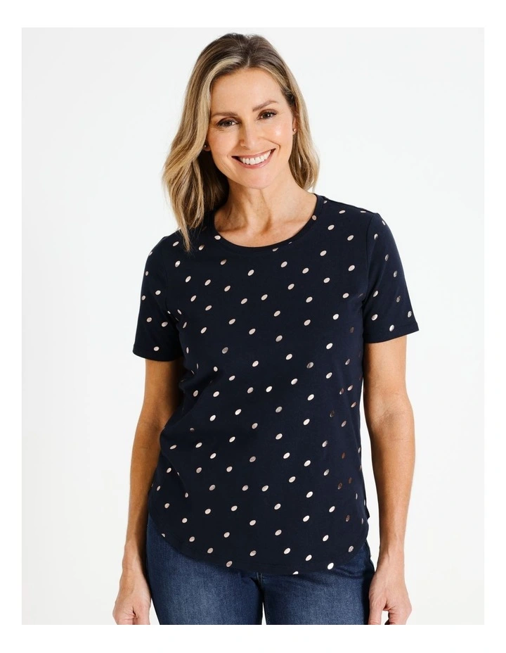 Organic Cotton Wardrobe Staple Short Sleeve Tee in Navy/Foil Print