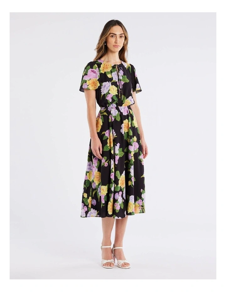 Rose Cascade Midi Dress in Black/Multi