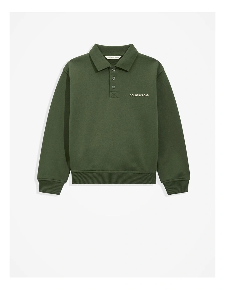 Long Sleeve Rugby Sweat Top in Khaki Green