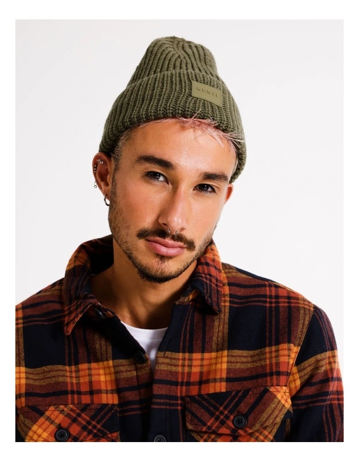 Turn Up Beanie with Rubber Patch in Khaki