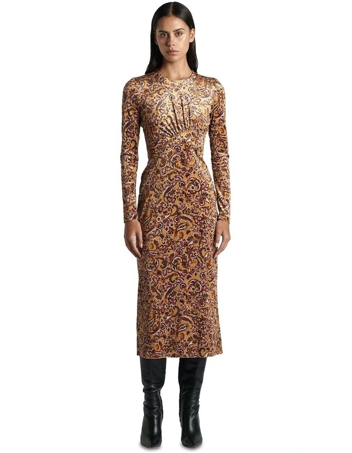 Paisley Velvet Column Midi Dress in Yellow