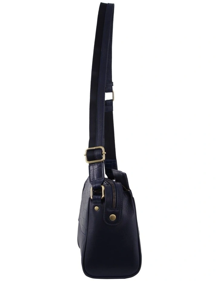 Croc-Embossed Leather Cross-Body Bag in Navy