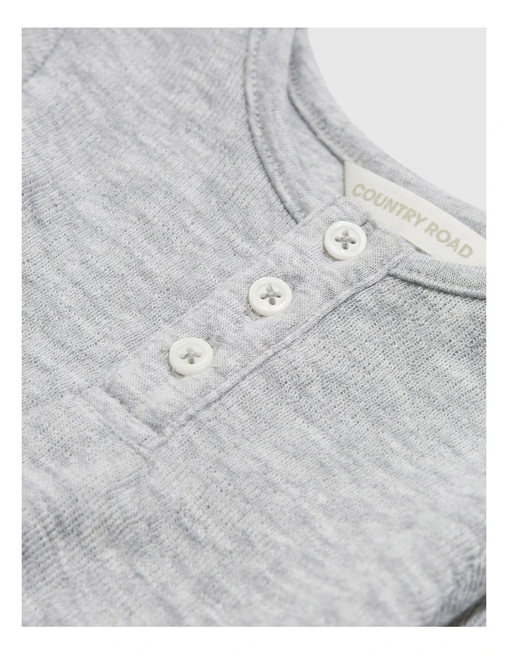 Organically Grown Cotton Double Faced Textured Henley in Light Grey Marle