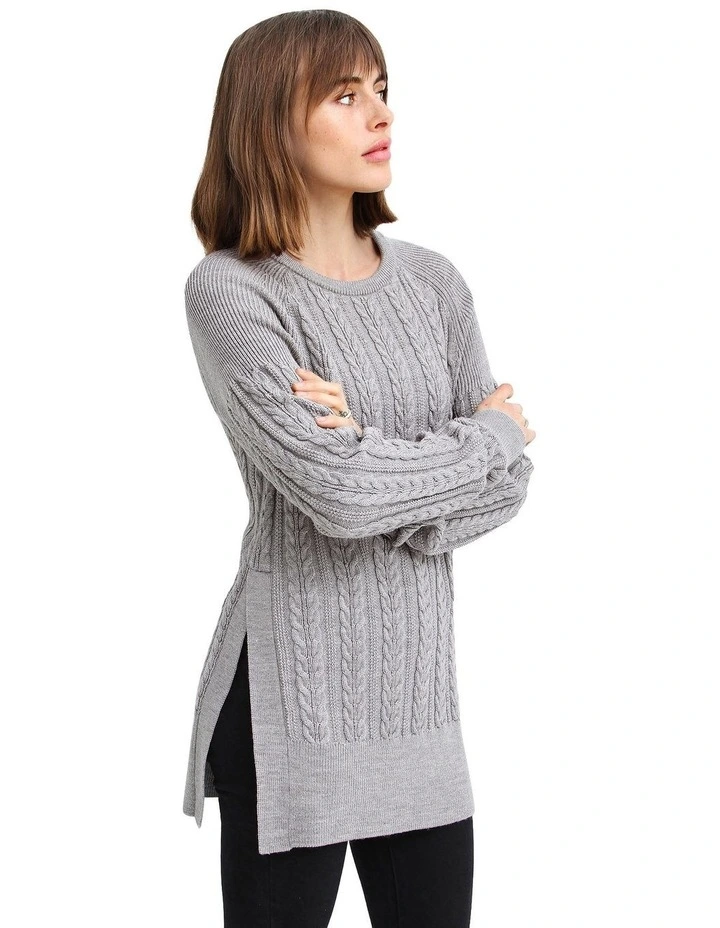 At Last Cable Knit Jumper With Slit in Grey