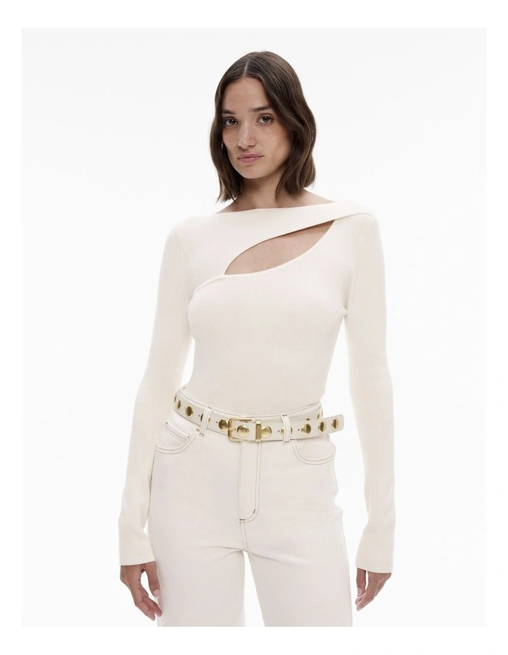 Rib Split Detail Knit Top in Chalk