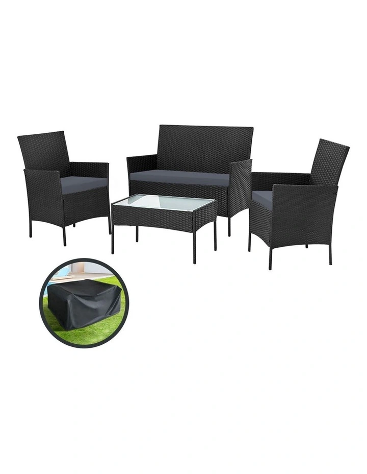 Outdoor Sofa Set with Storage Cover Wicker Table Chair 4 Seater in Black