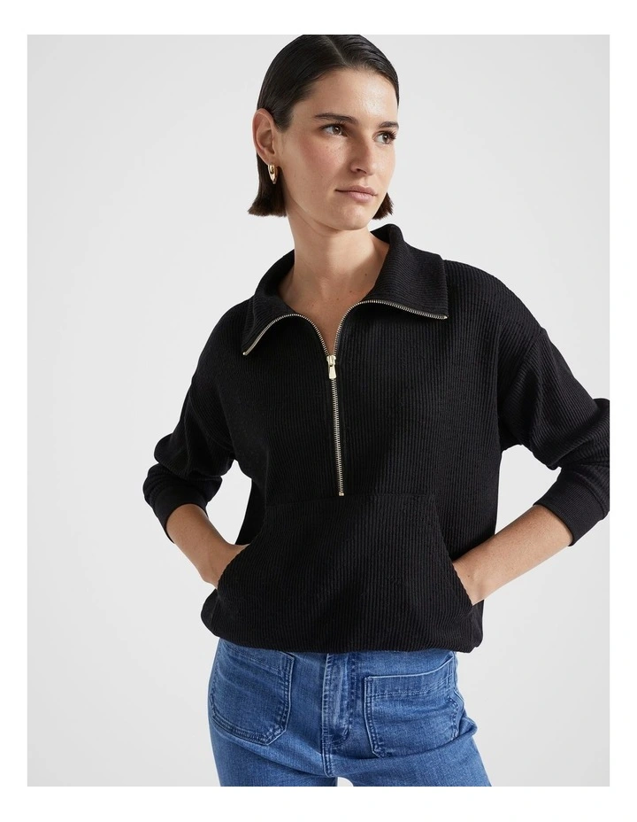 Supersoft Zip Thru Sweat Top in Black