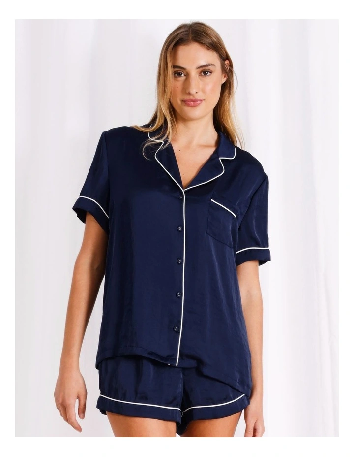 Luxe Satin Short Sleeve Pyjama Set in Navy