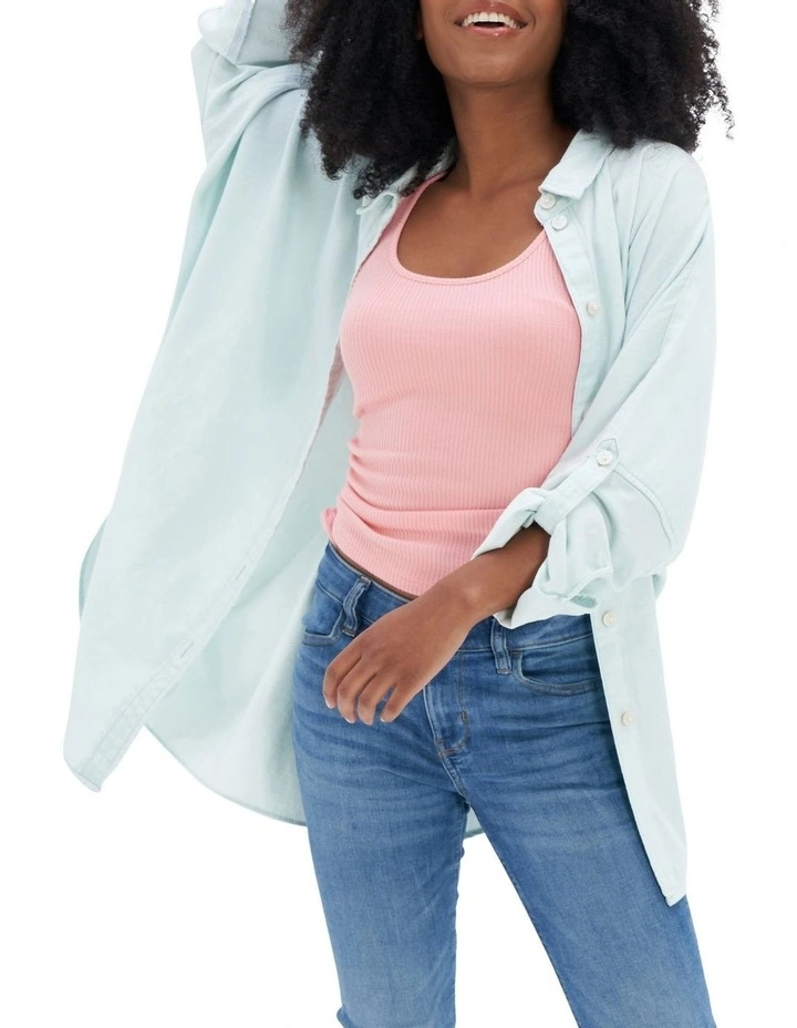 Oversized Button-Up Beach Shirt in Chambray Blue