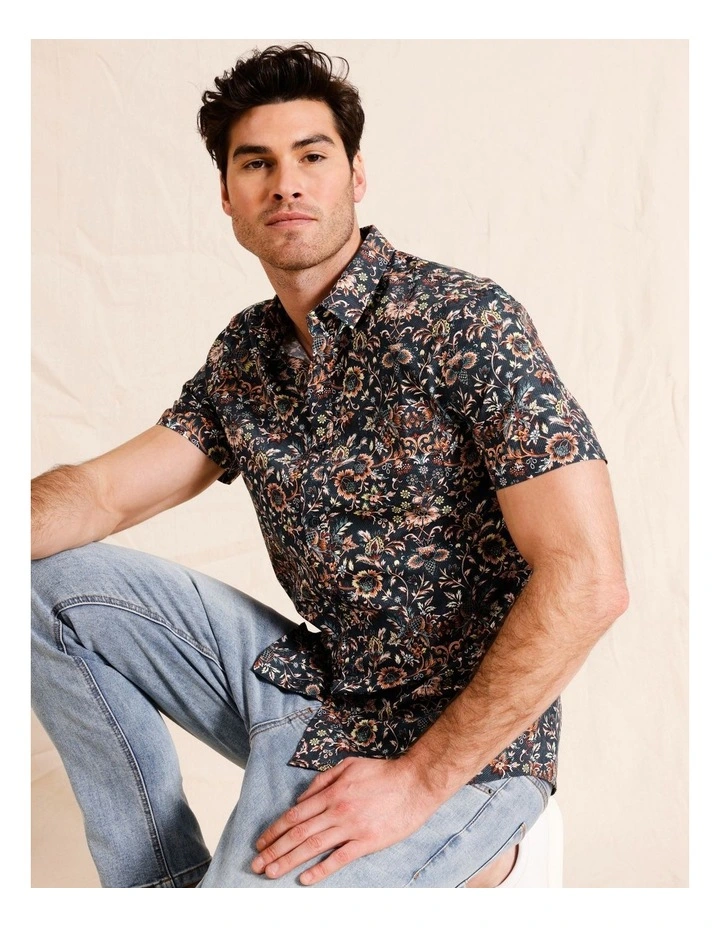 Burley Floral Print Short Sleeve Shirt in Navy