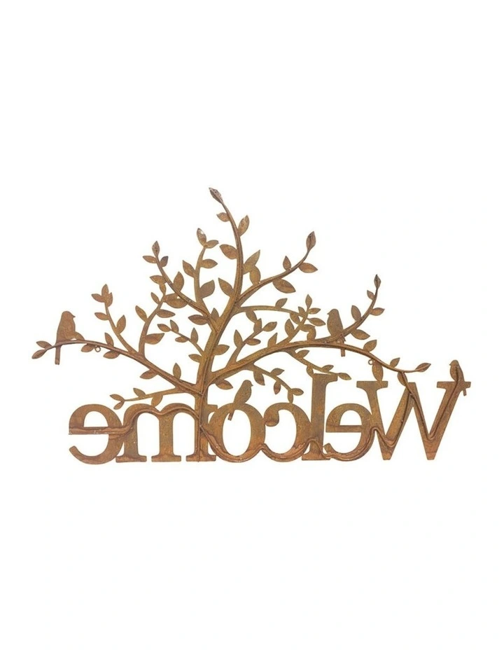 Welcome Laser-Cut Tree Wall Art Sign in Rust