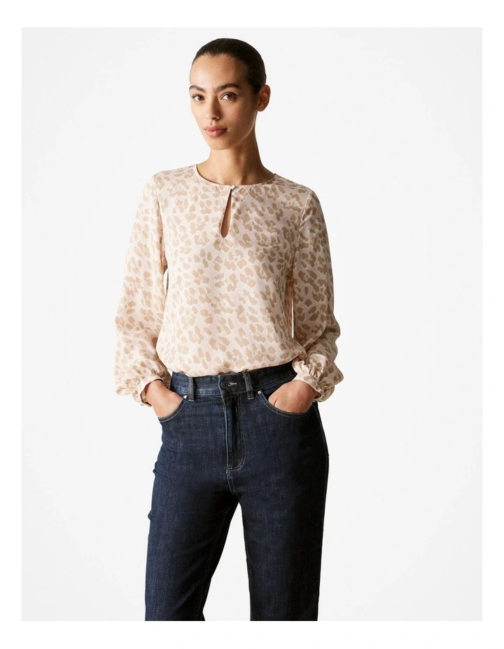 Modal Ocelot Print Blouson Sleeve Blouse in Pale Pink