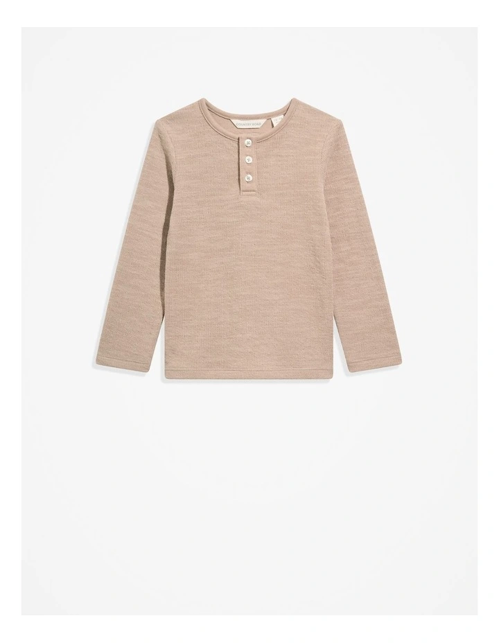 Organically Grown Cotton Double Faced Textured Henley T-shirt in Mushroom