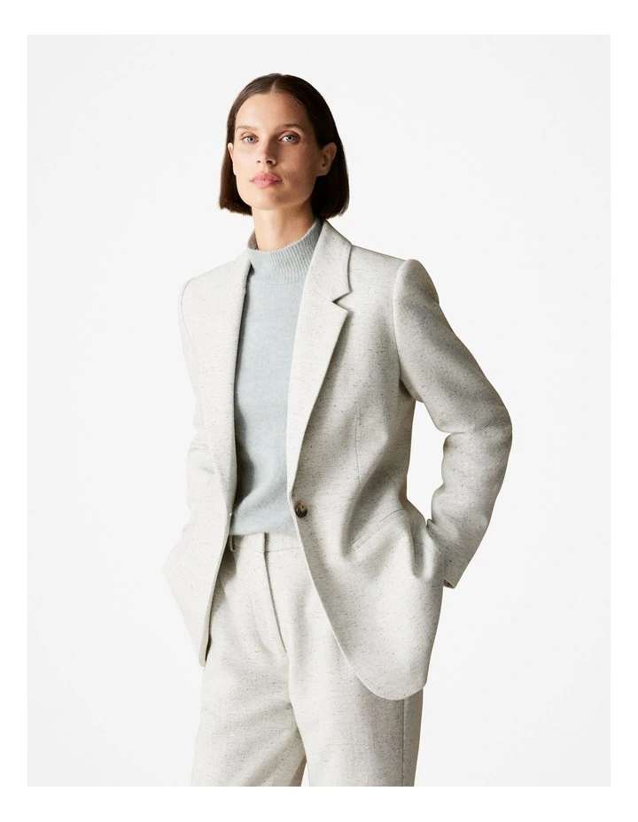 Italian Wool Blend Herringbone Blazer in White