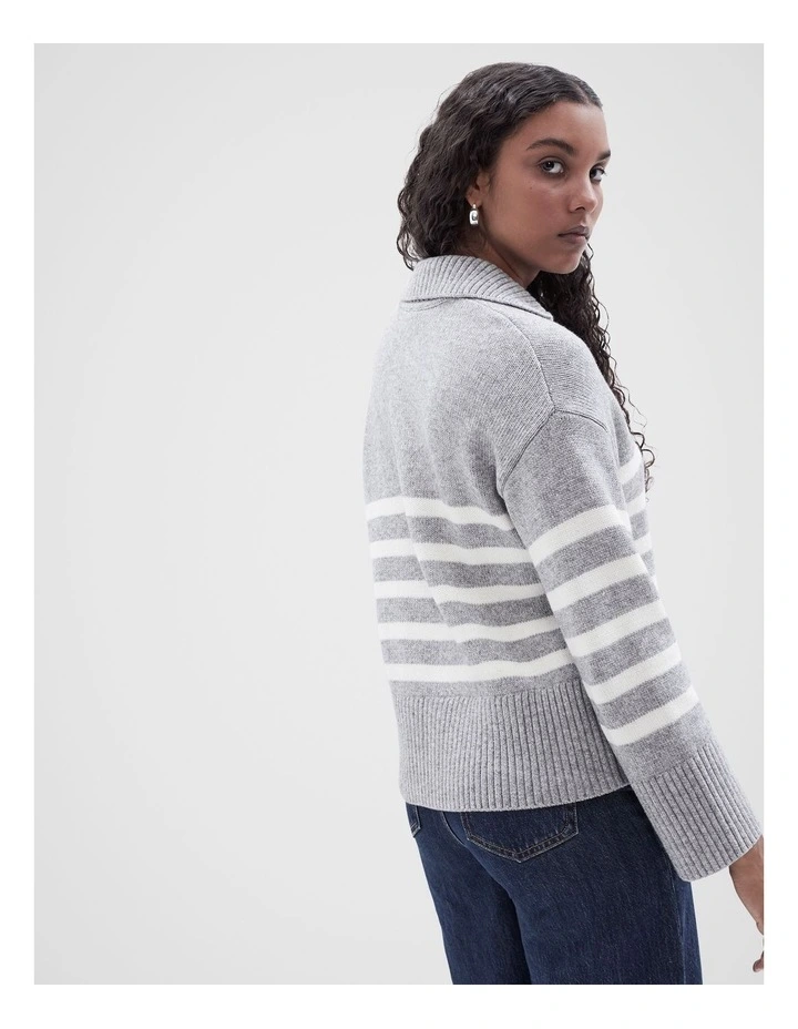 Stripe Collared Knit Cardigan in Grey Marle