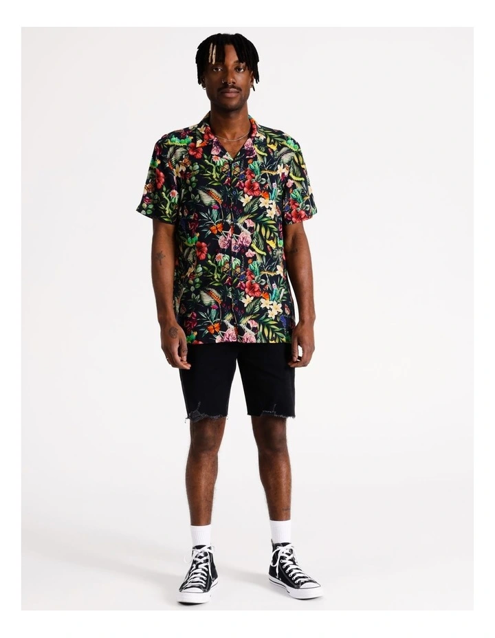 Enchanted Forest Print Short Sleeve Rayon Shirt in Navy