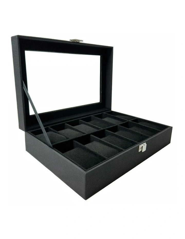 12 Slot Watch Box with Transparent Window Display in Black
