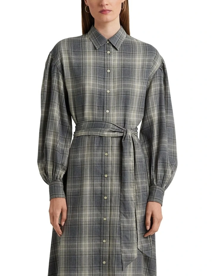 Checked Plaid Belted Twill Shirtdress in Grey