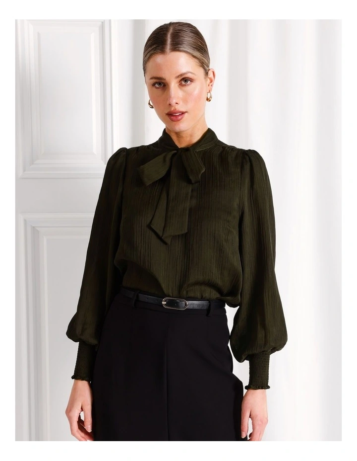 Neck Tie Shirred Cuff Blouse in Khaki