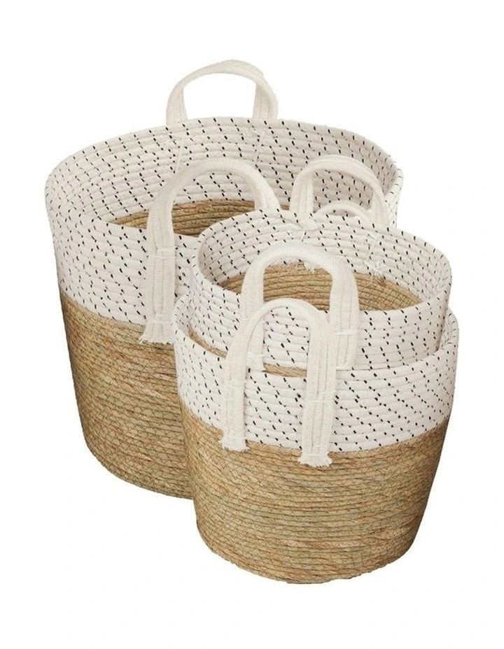 Cotton Rope Stripe Carry Handles Storage Baskets Set of 3 in Beige