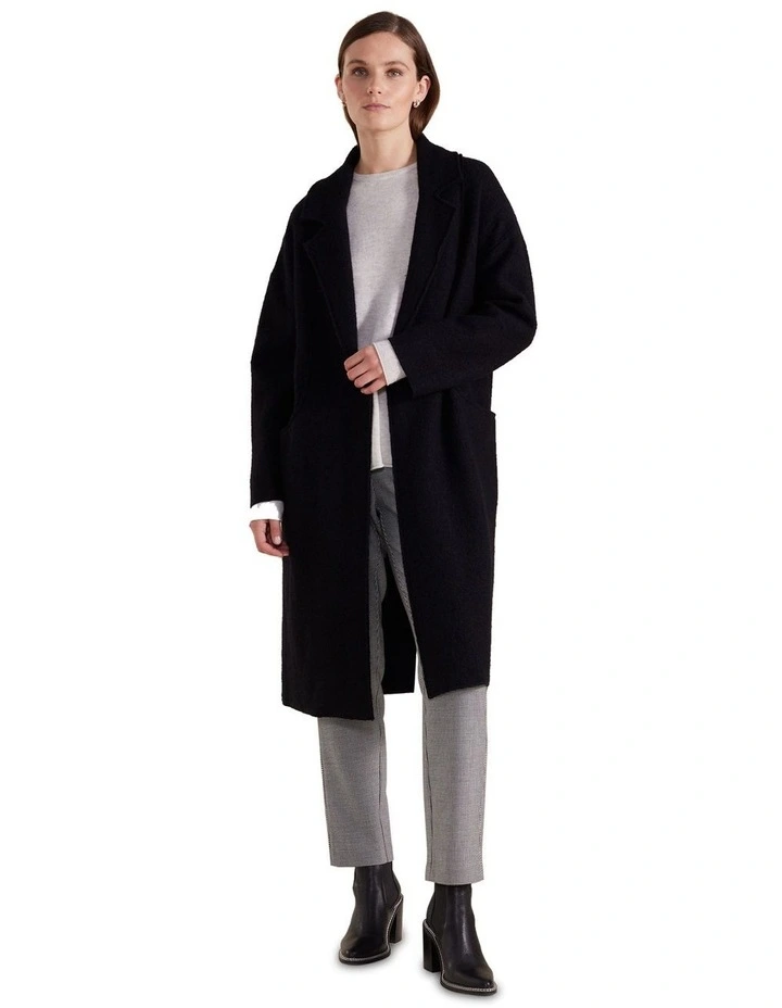 Long Sleeve Boiled Wool Coat in Black
