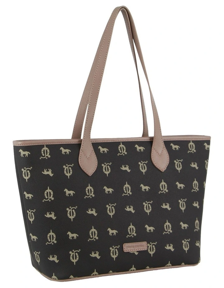 Canvas Print Leather Trim Tote Bag in Black