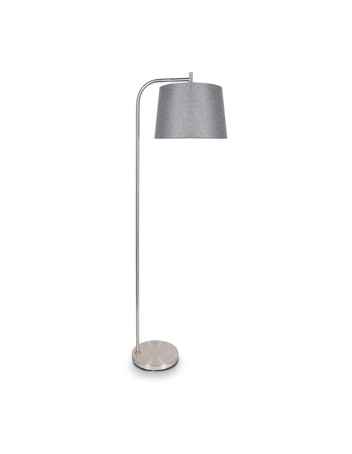 Metal Task Floor Lamp Stand In Nickel Finish Grey Linen Fabric Round Shade