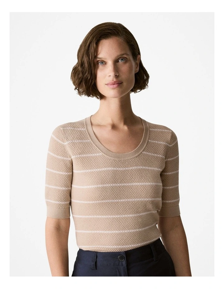 Merino Stripe Crew Knit T-shirt in Biscuit