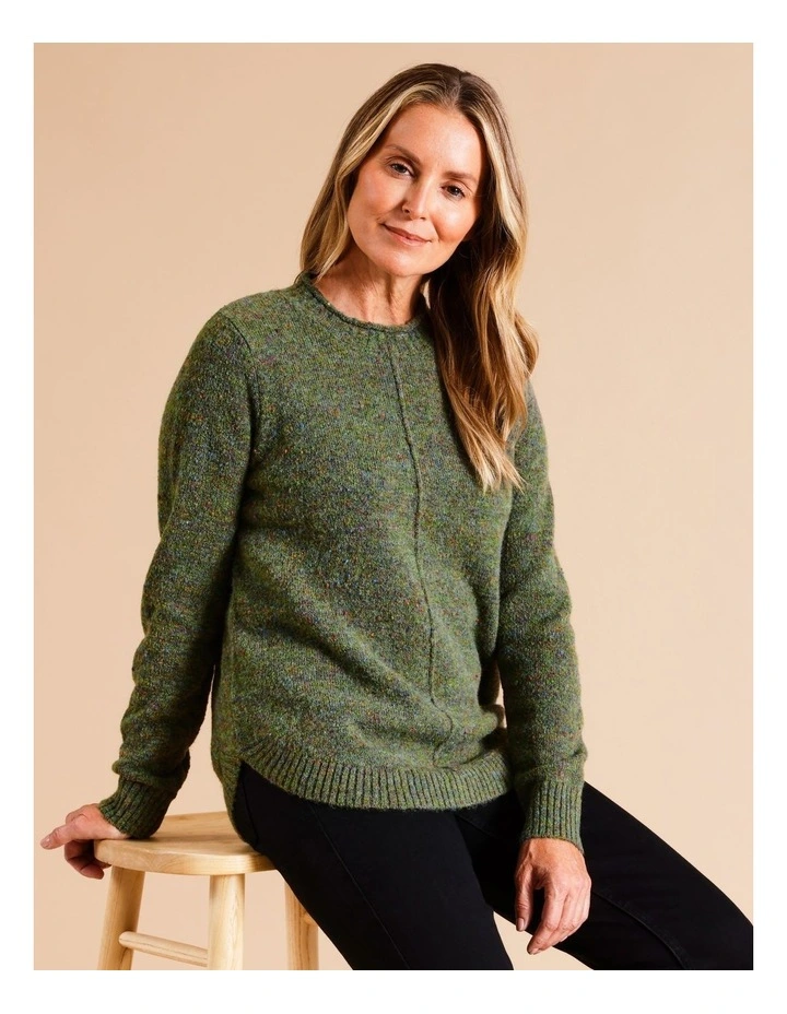 Recycled Polyester Blend Curved Hem Jumper With CF Seam In Khaki Multi Fleck