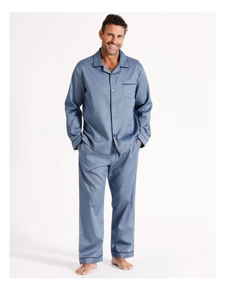Long Sleeve Cotton Sateen PJ Set Geo Tiles in Light Blue