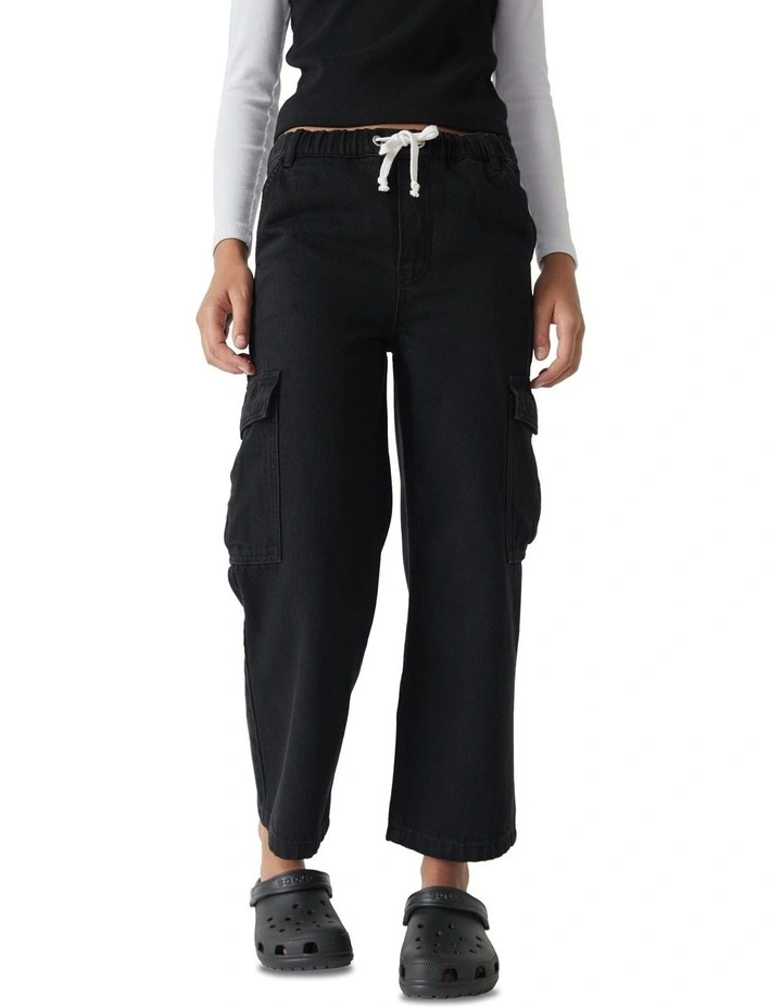 Denim Pull On Cargo Jean in Black