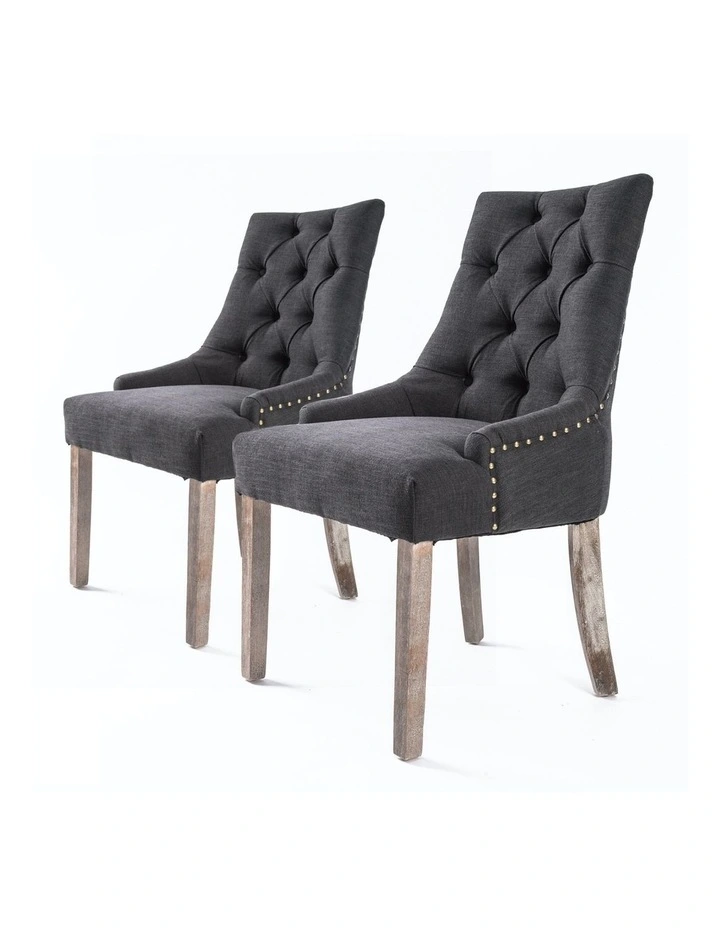 Fabric Studs Retro Amour Oak French Provincial Dining Chair 2 Set in Black