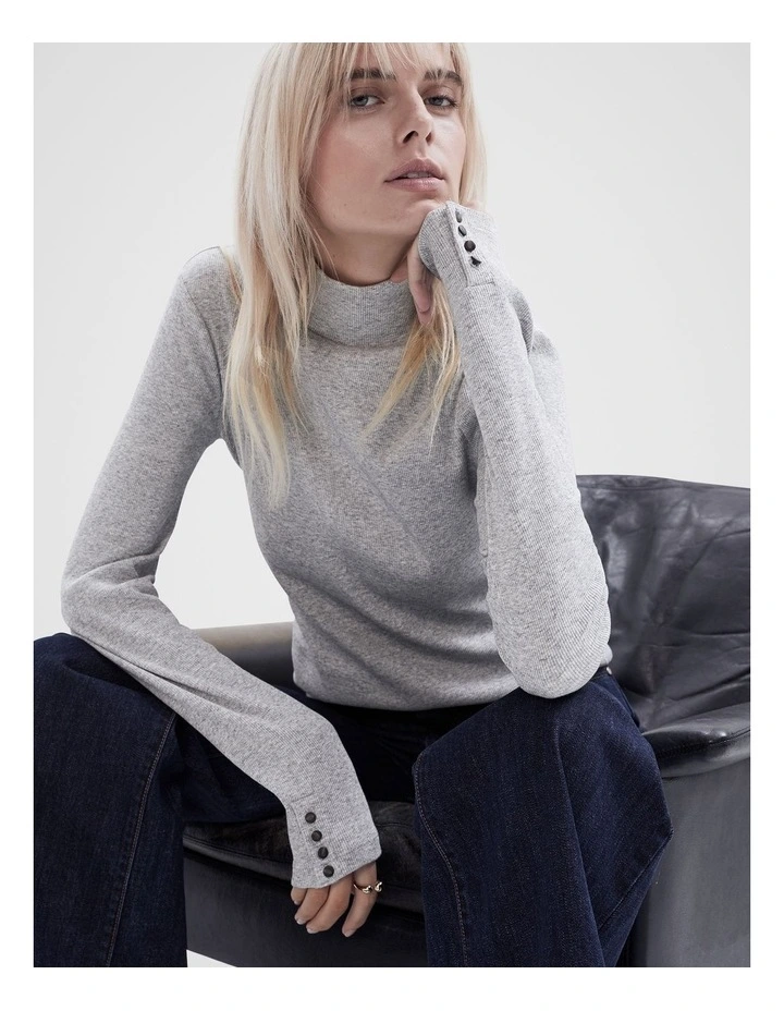 Ribbed Mock Neck Top in Grey Marle