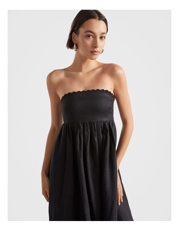 Linen Scallop Midi Dress in Black