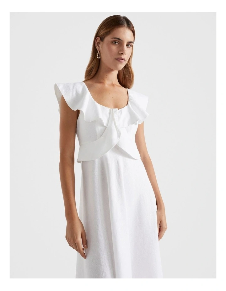 Linen Frill Midi Dress in White