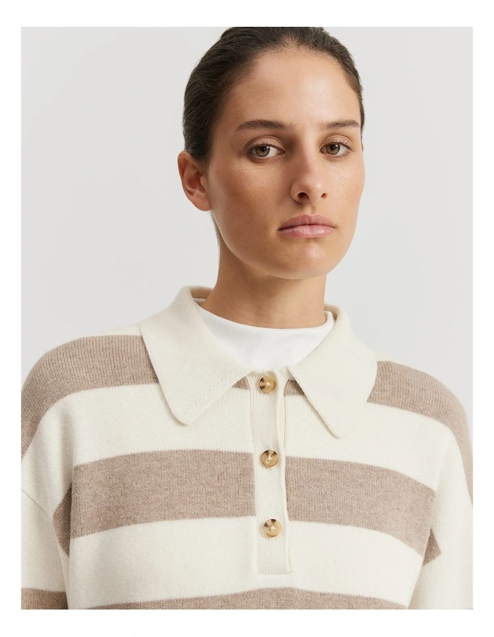 Organically Grown Cotton Blend Stripe Crop Polo Knit in Fawn Stripe