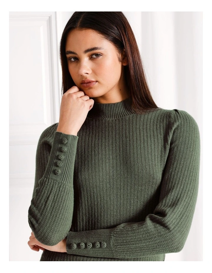 Crochet Button Detail Rib Knit Jumper in Khaki