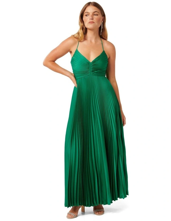 Geri Tie Back Pleated Maxi Dress in Green
