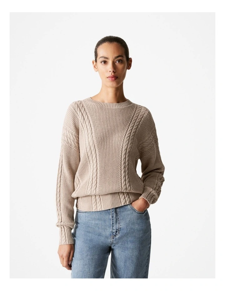 Cotton Cashmere Cable Pullover in Biscuit
