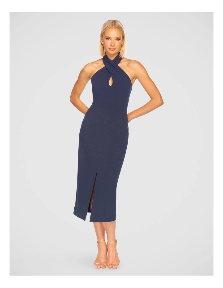Olivette Halter Midi Dress in Navy