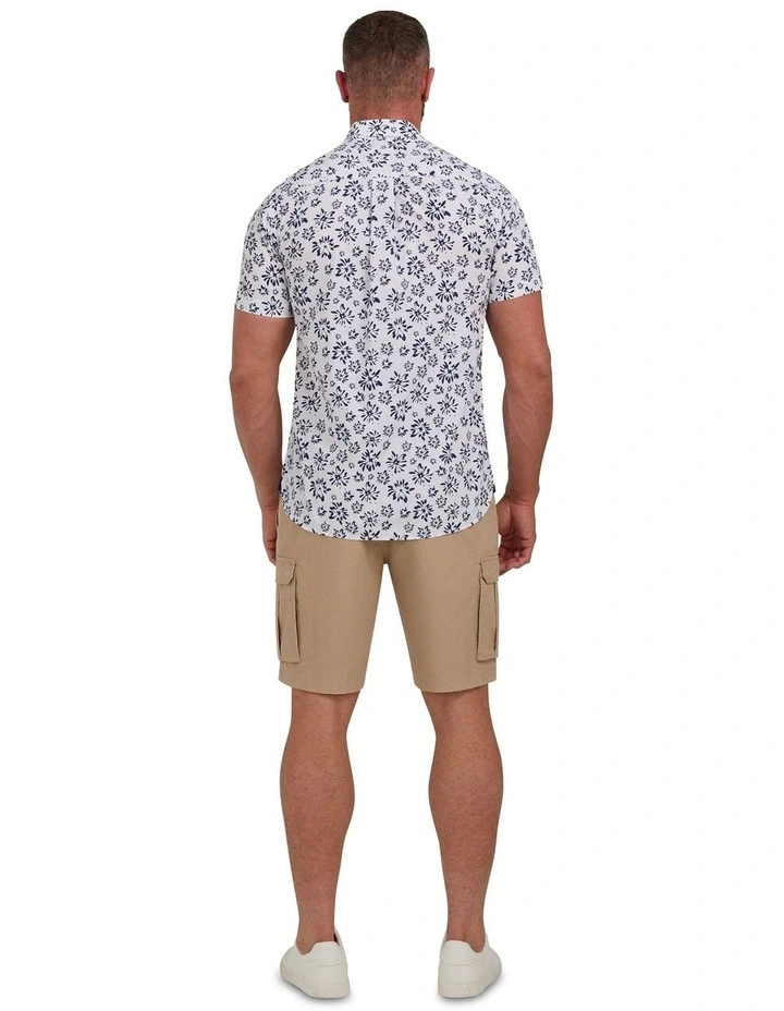 Large Flower Cotton Poplin Short Sleeve Shirt in White